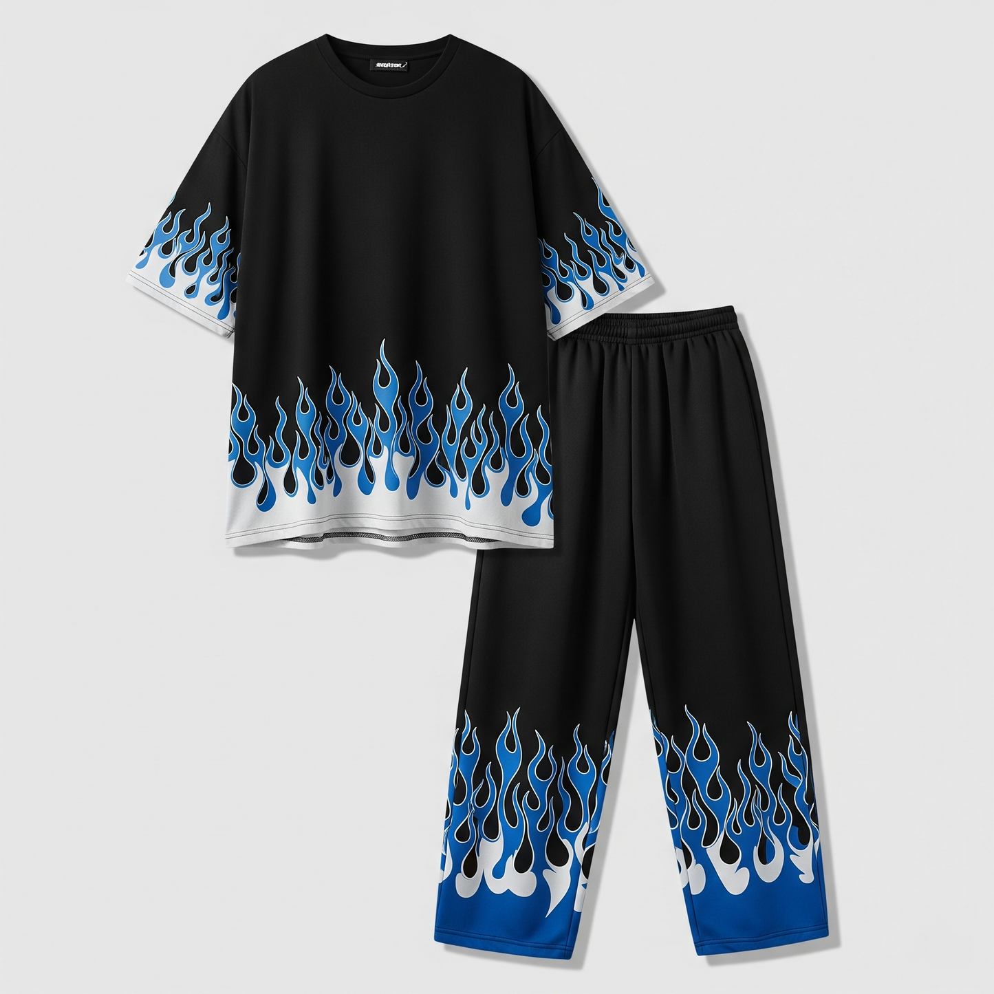 BlazeWave Flame Co-ord Set – Black & Blue Edition | Oversized Fit | Unisex Streetwear