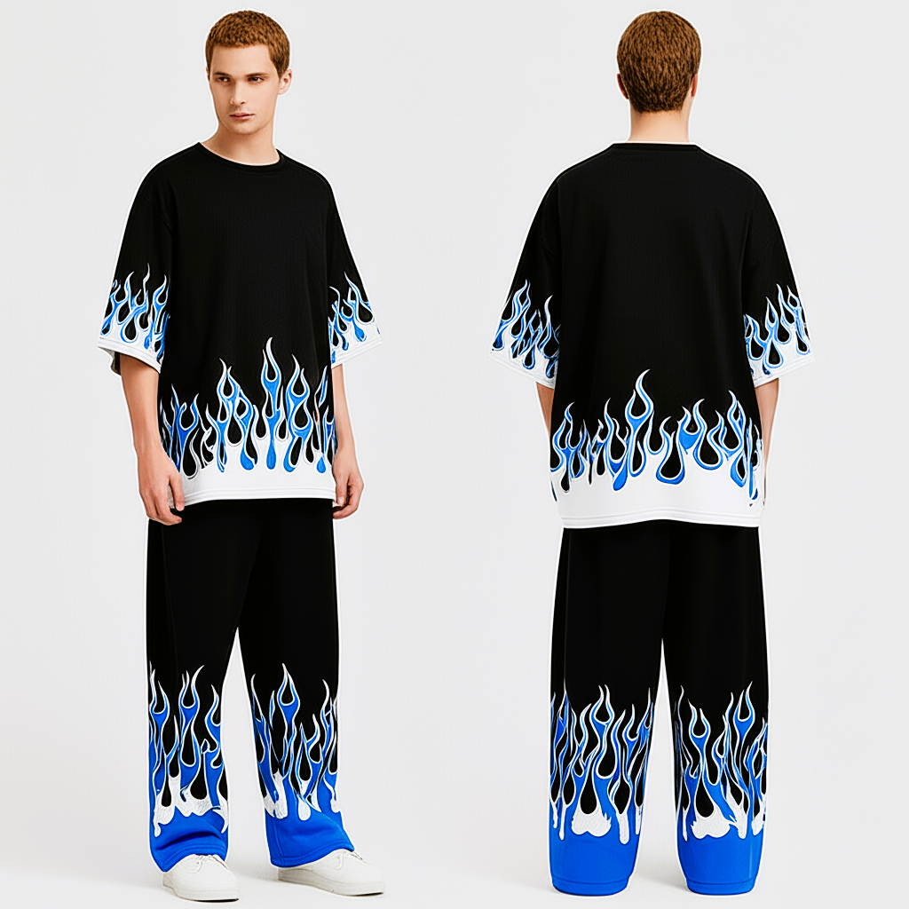 BlazeWave Flame Co-ord Set – Black & Blue Edition | Oversized Fit | Unisex Streetwear