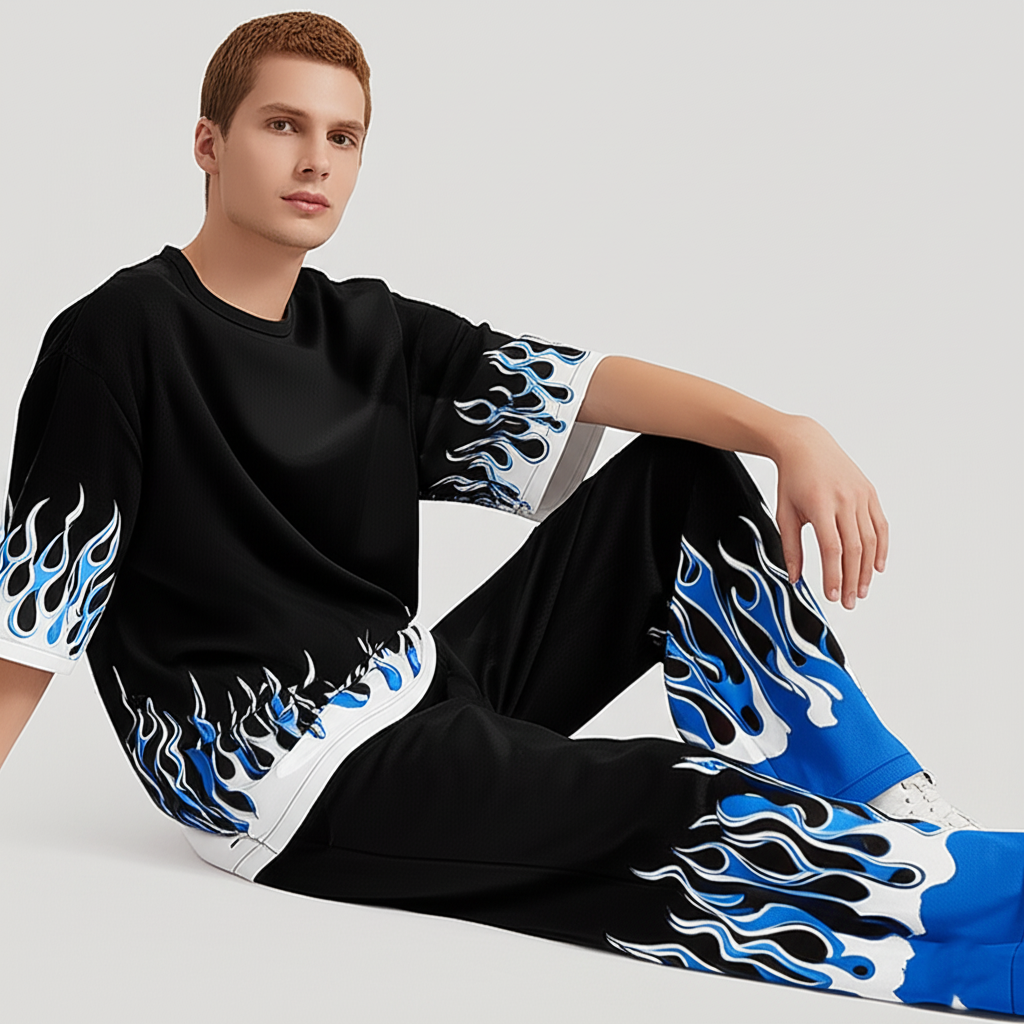 BlazeWave Flame Co-ord Set – Black & Blue Edition | Oversized Fit | Unisex Streetwear