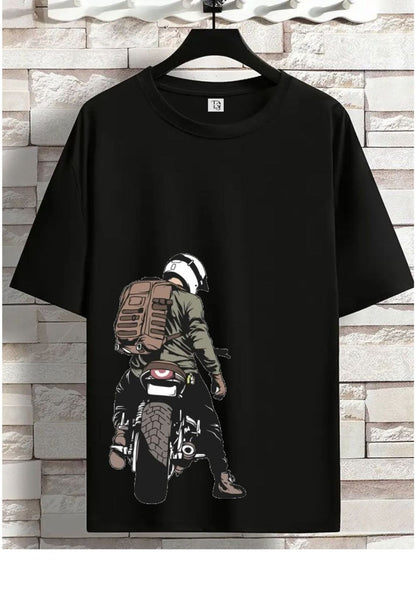Moto Drip Graphic Tee – Biker Rider Print T-Shirt for Men